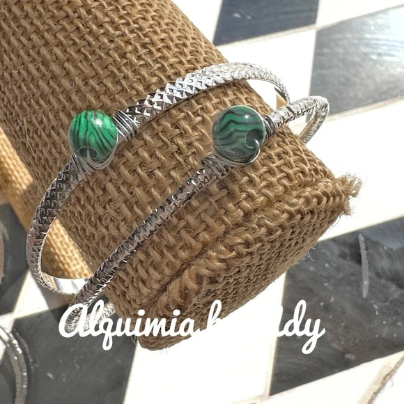 Silver statement tennis jeweled bangle bracelet set/ malachite - Picture 2 of 9